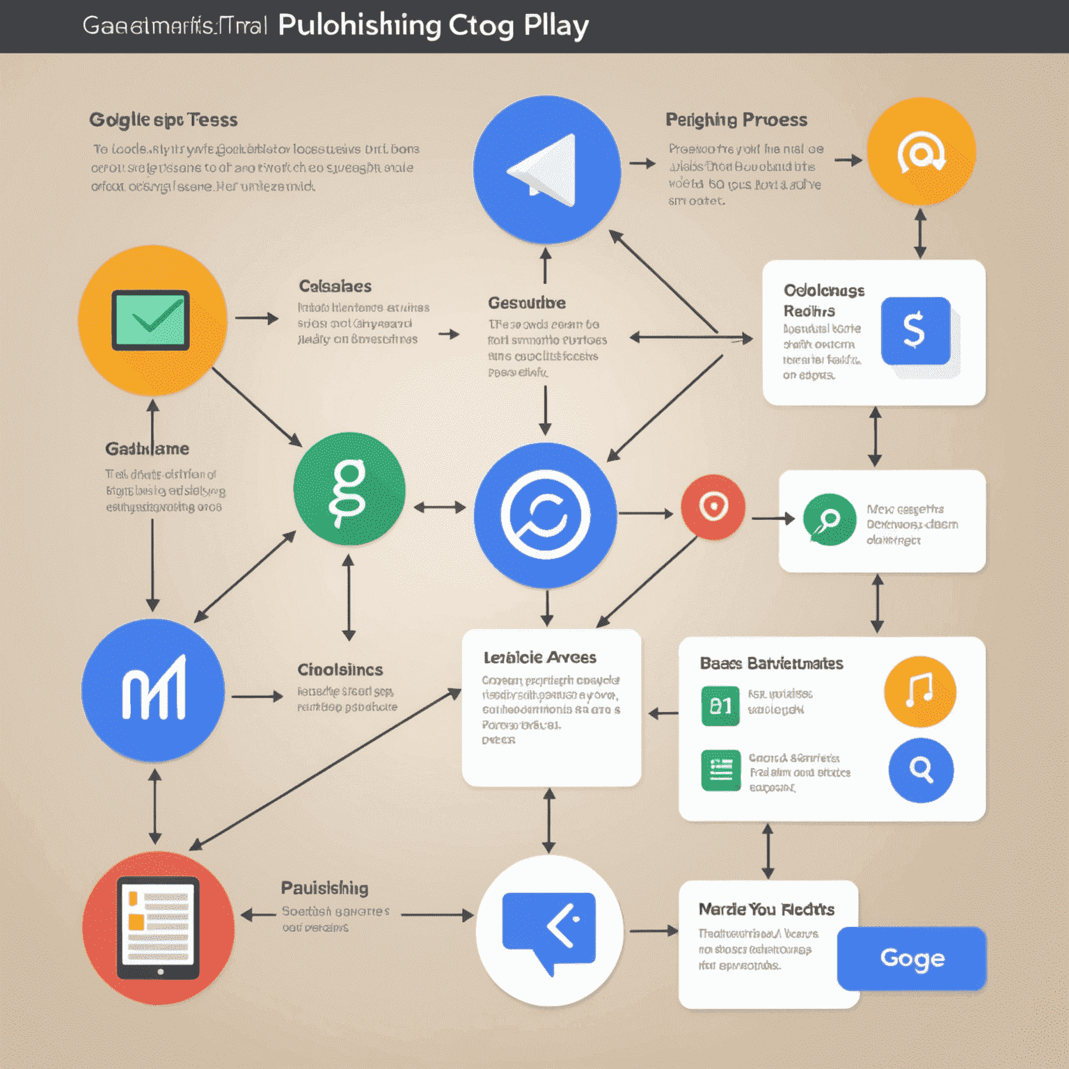 Imagen que muestra el proceso paso a paso de publicación en Google Play, con iconos y flechas que indican cada etapa del proceso