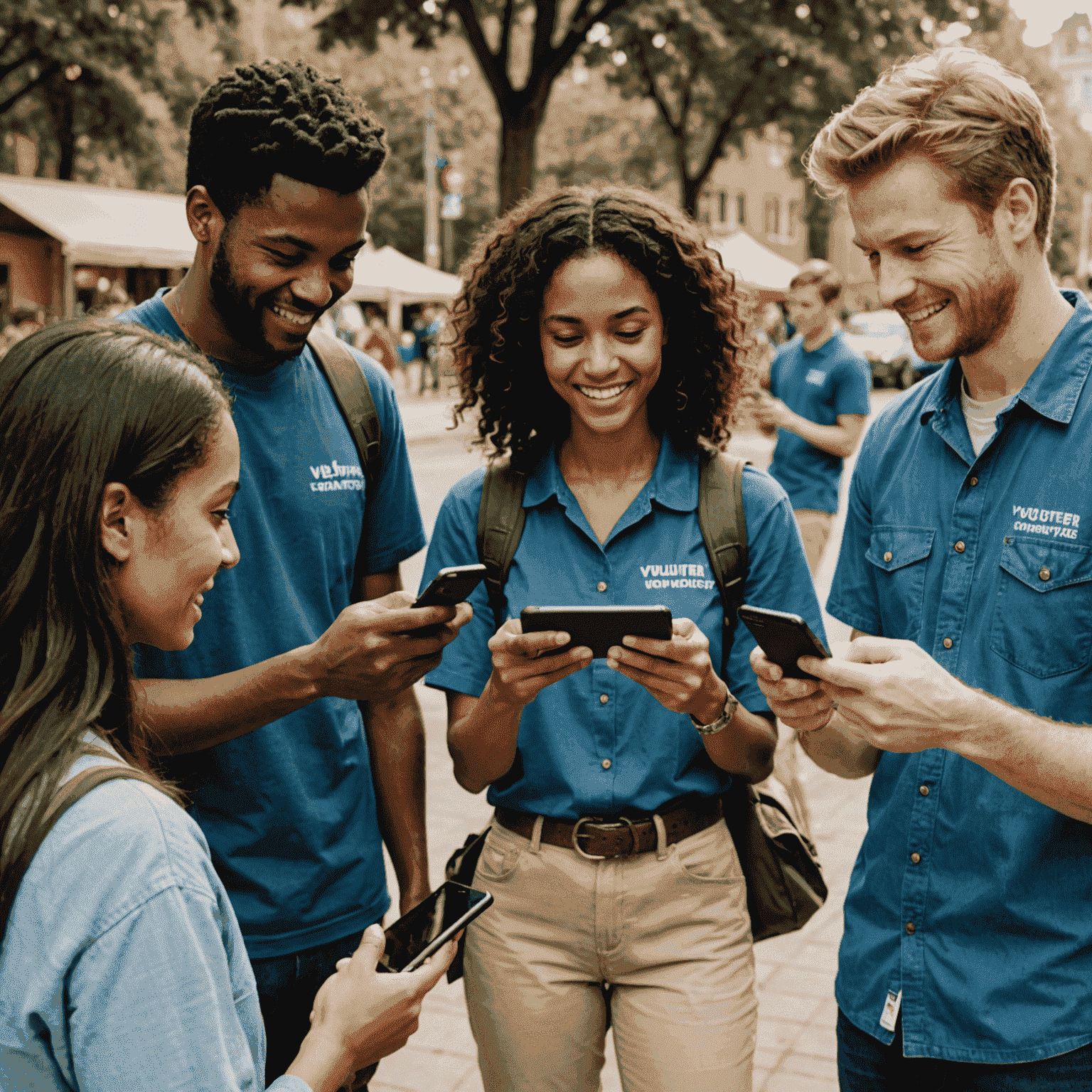 Grupo diverso de personas utilizando una aplicación en sus teléfonos para coordinar acciones de voluntariado.