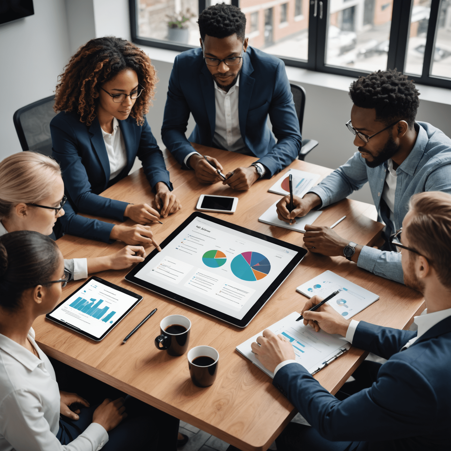 Equipo de trabajo diverso reunido alrededor de una mesa, discutiendo animadamente sobre una aplicación mostrada en una tablet.