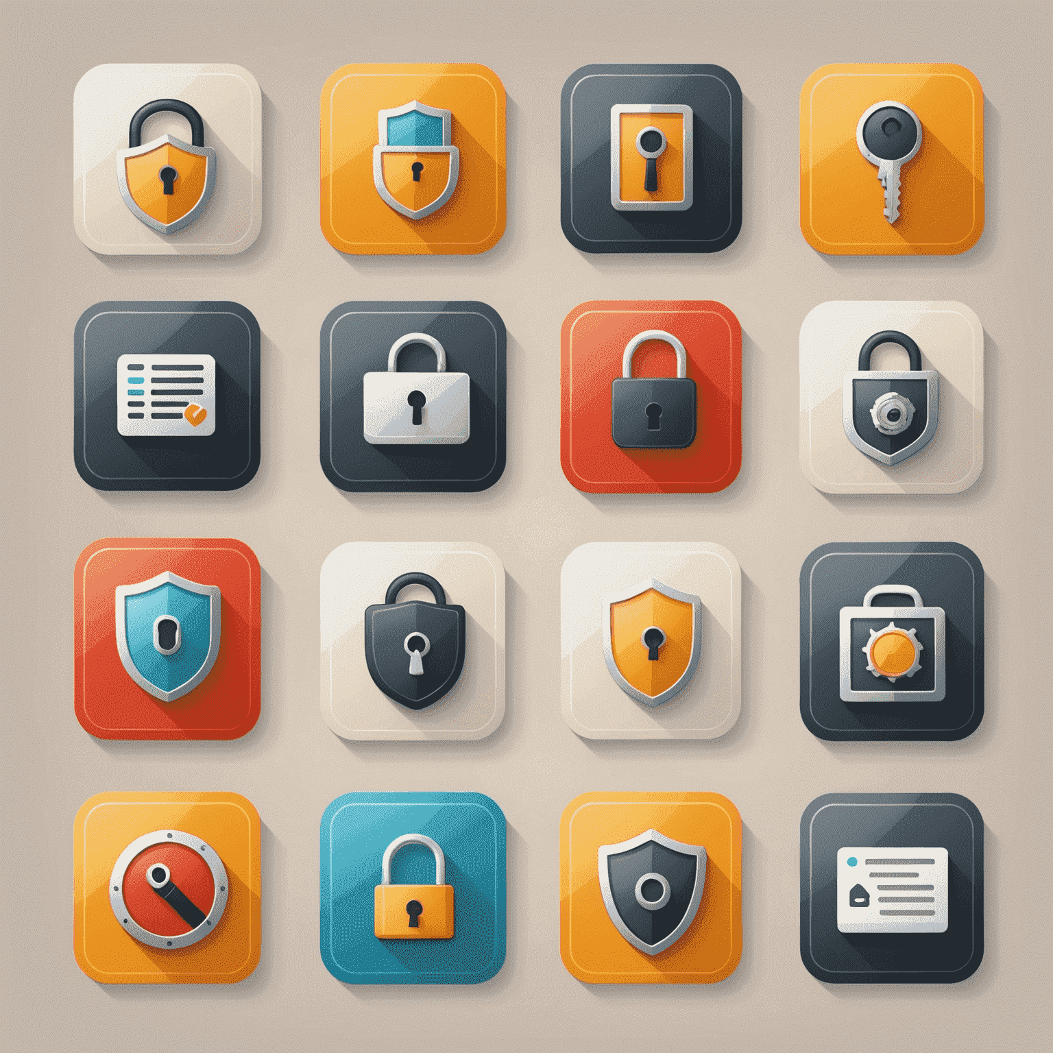 Iconos representando diferentes aspectos de seguridad y cumplimiento en aplicaciones móviles