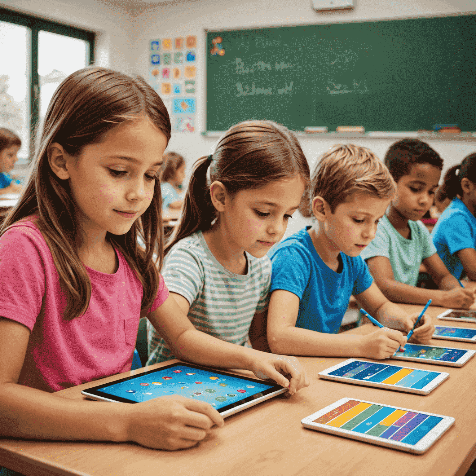 Niños en un aula utilizando tablets con una aplicación educativa colorida y atractiva.